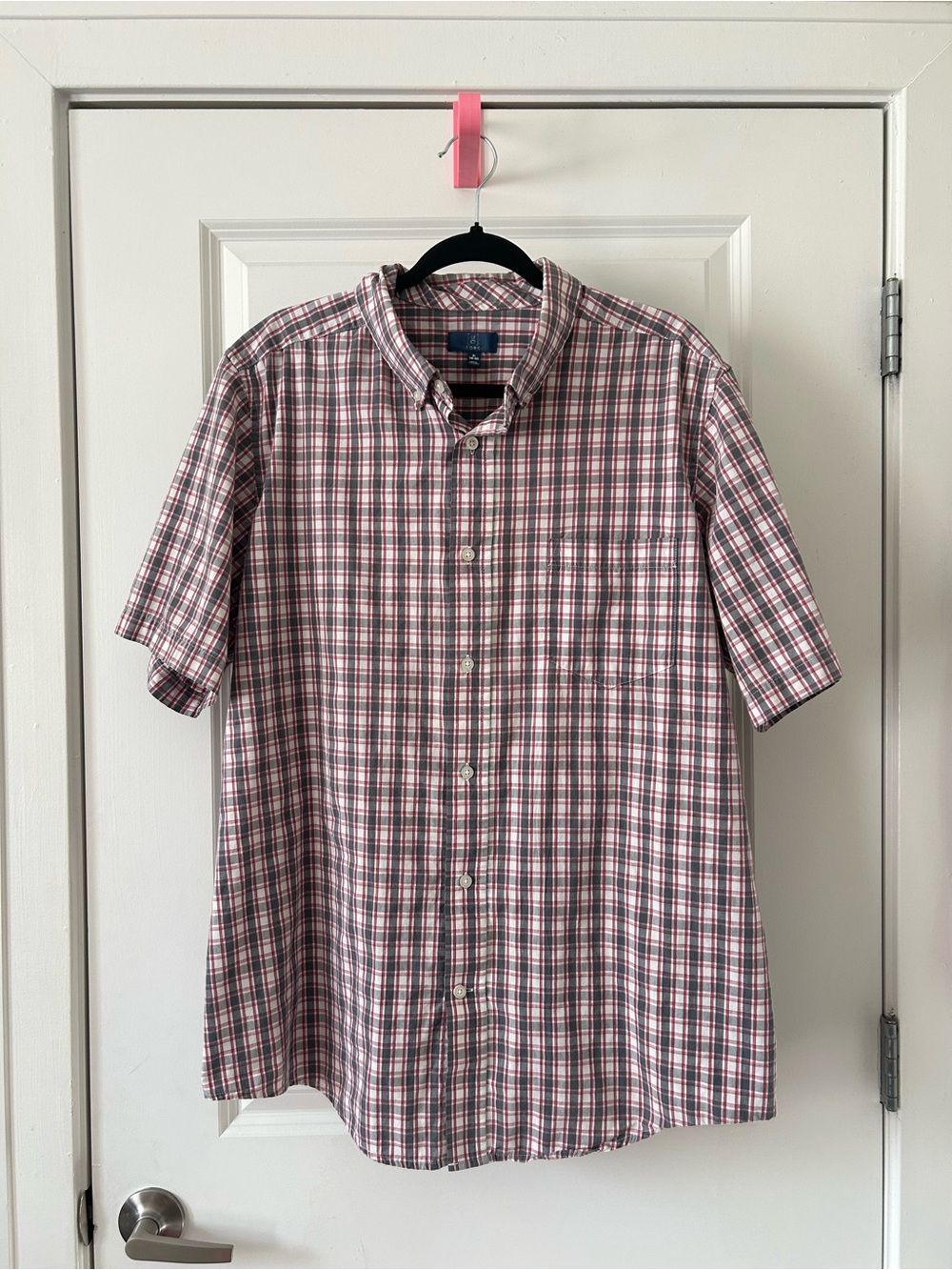 George Red and Gray Short-Sleeve Plaid Button-Down Shirt